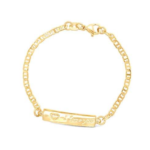 The "I LOVE YOU" plate Baby Bracelet, crafted with a mariner link design in 14K gold filled material, features a rectangular plate engraved with a heart. This elegant baby bracelet is secured by a lobster clasp, offering a blend of sophistication and heartfelt charm.
